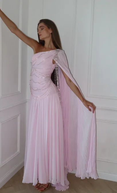 Blushing Pink One Shoulder Sheath Evening Dress With Beadings