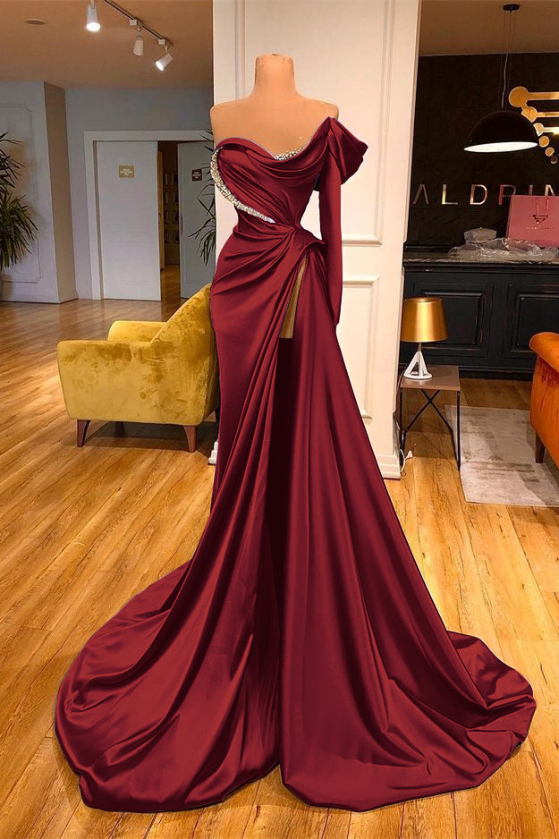 One-Shoulder Purple Long Sleeves Beadings Evening Dress Split Mermaid