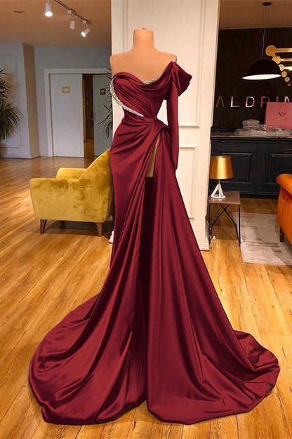 One-Shoulder Purple Long Sleeves Beadings Evening Dress Split Mermaid