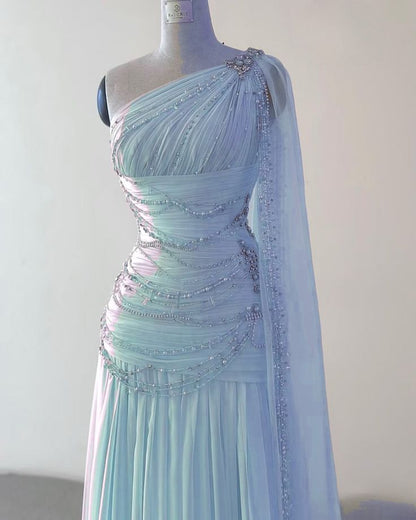Elegant A Line One Shoulder Beaded Pink Chiffon Long Sweep Prom Dress Evening Dress SH2622