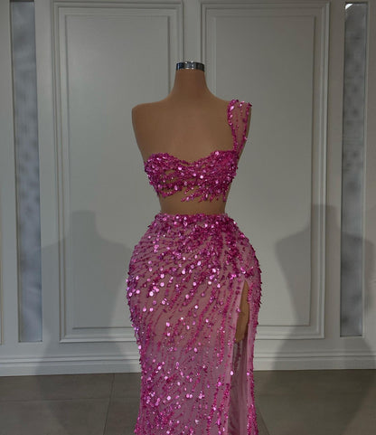 Shining Hot Pink Single Shoulder Strap Sleeveless Slit Prom Dress