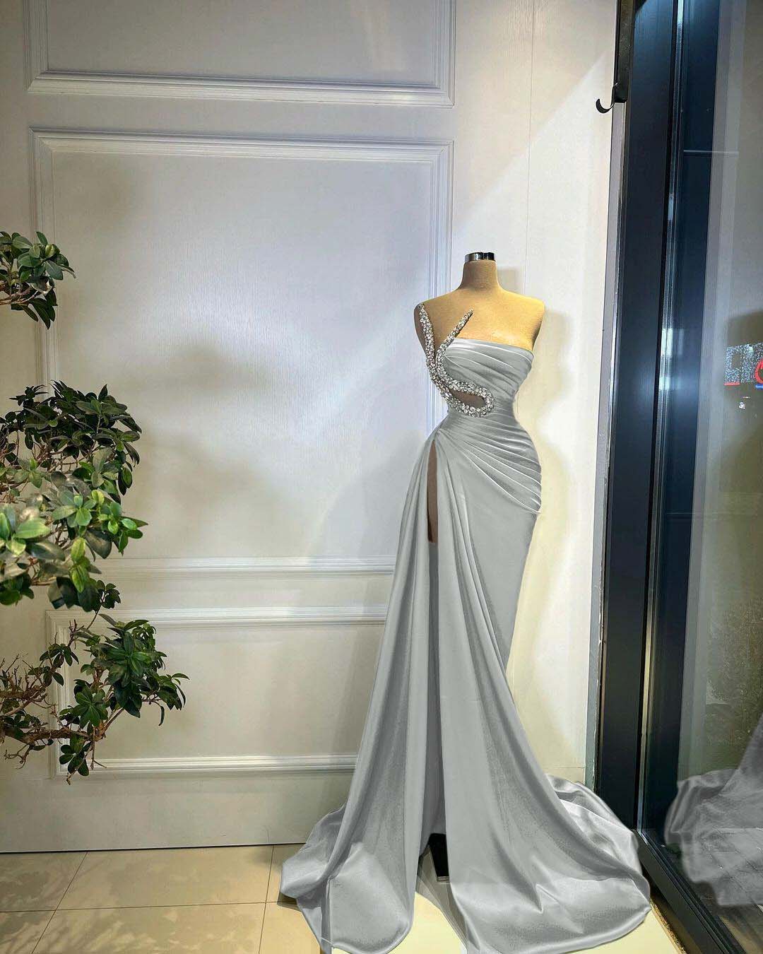 Green Strapless Pleated Long Beaded High Split Prom Dress