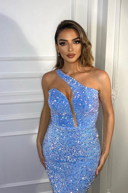 Sparkly Blue Mermaid Evening Dress High Neck With Slit