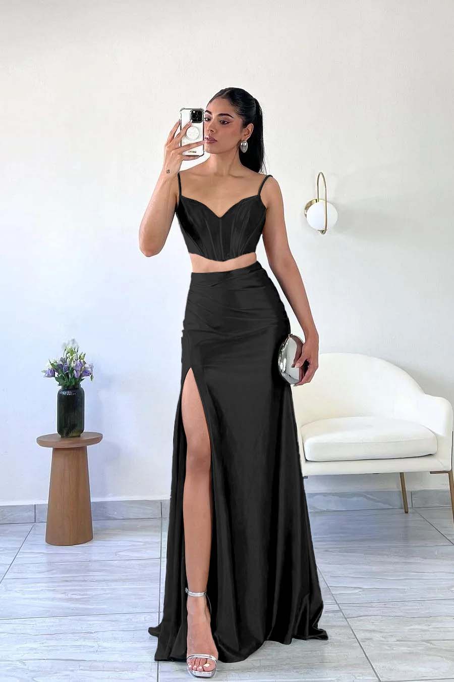 Simple Dark Green Satin Spaghetti Strap Sleeveless Long Prom Dress with Split