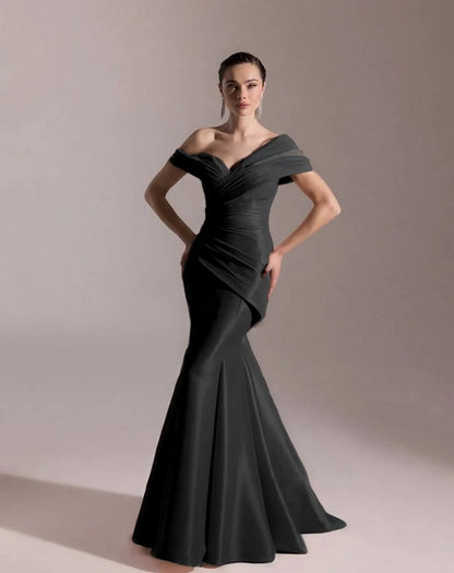Classic Blushing Pink Off-The-Shoulder Mermaid Pleated Evening Dress