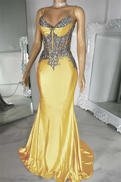 Spaghetti Strap Sleeveless V-Neck Mermaid Long Prom Dress With Sequins