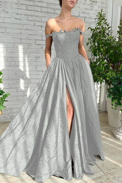 Black A Line Off-The-Shoulder Evening Dress Sleeveless Lace Side Split