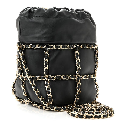 Lambskin Bucket Chain Drawstring Bag Black
