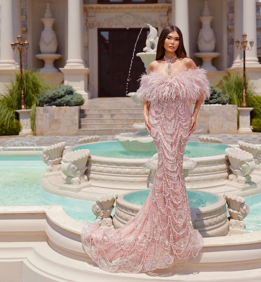 Pink Sleeveless Halter Straps Beads Mermaid Prom Dress With Plume