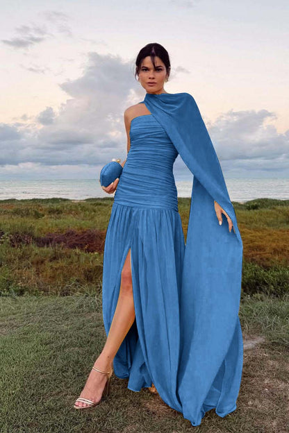 Elegant Daffodil Chiffon Strapless Sleeveless Split Prom Dress with Scarf