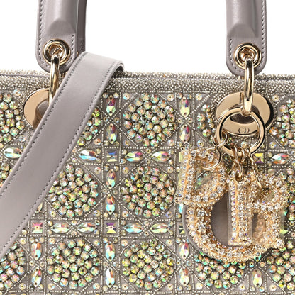 Calfskin Satin Celestial Bead Embroidery Embroidered Small Lady Dior Grey Multicolor