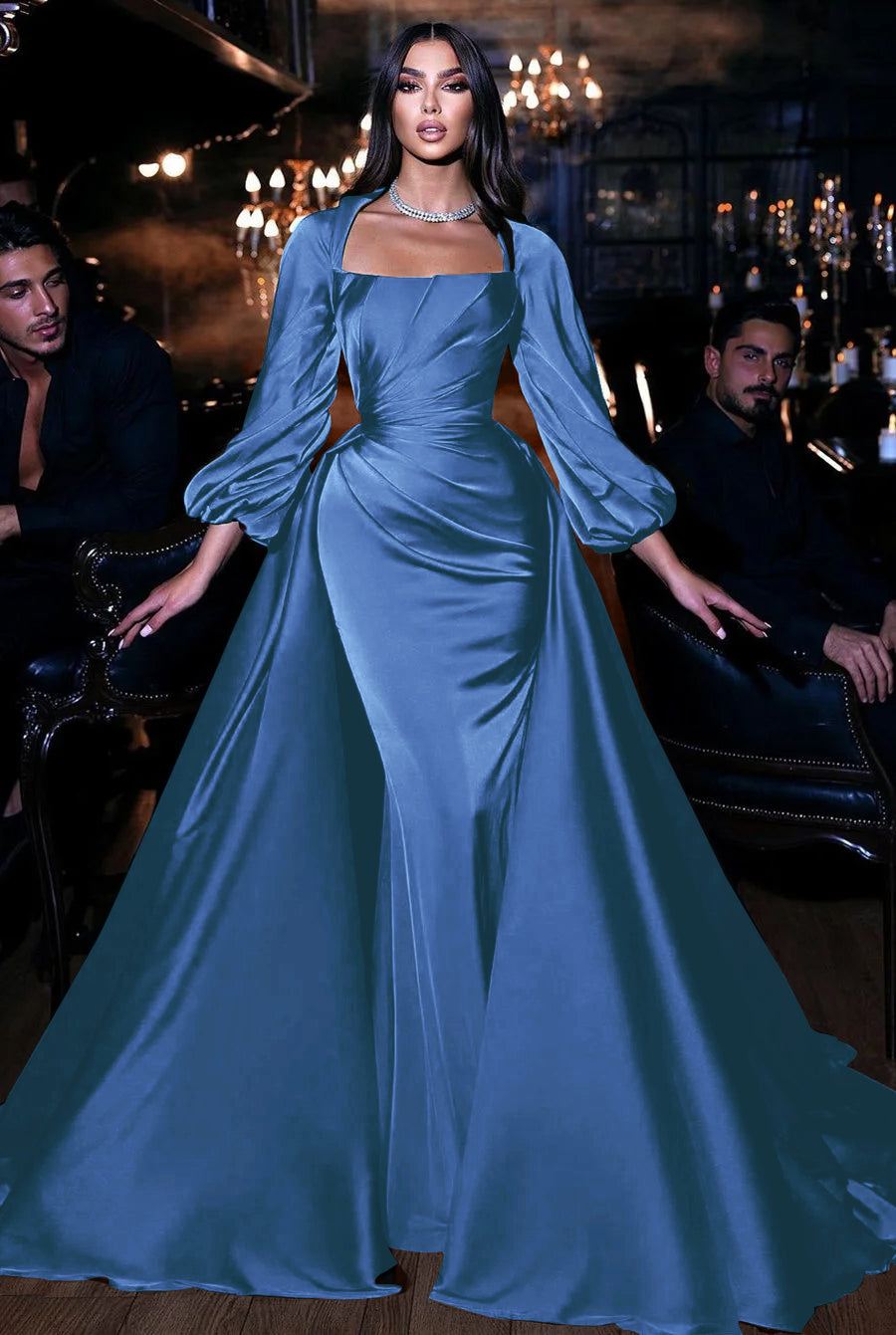 Square Emerald Long Sleeves Mermaid Prom Dress With Ruffles