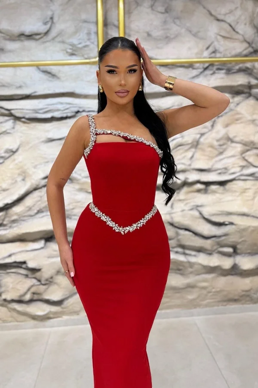 Red Beaded Mermaid One-Shoulder Prom Dress