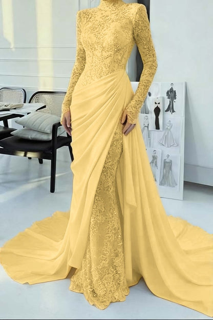 Glamorous Lace Burgundy High Neck Long Sleeves Evening Dress With Appliques