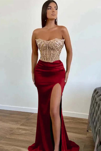 Green Applique Beadings Mermaid Prom Dress Slit With Strapless