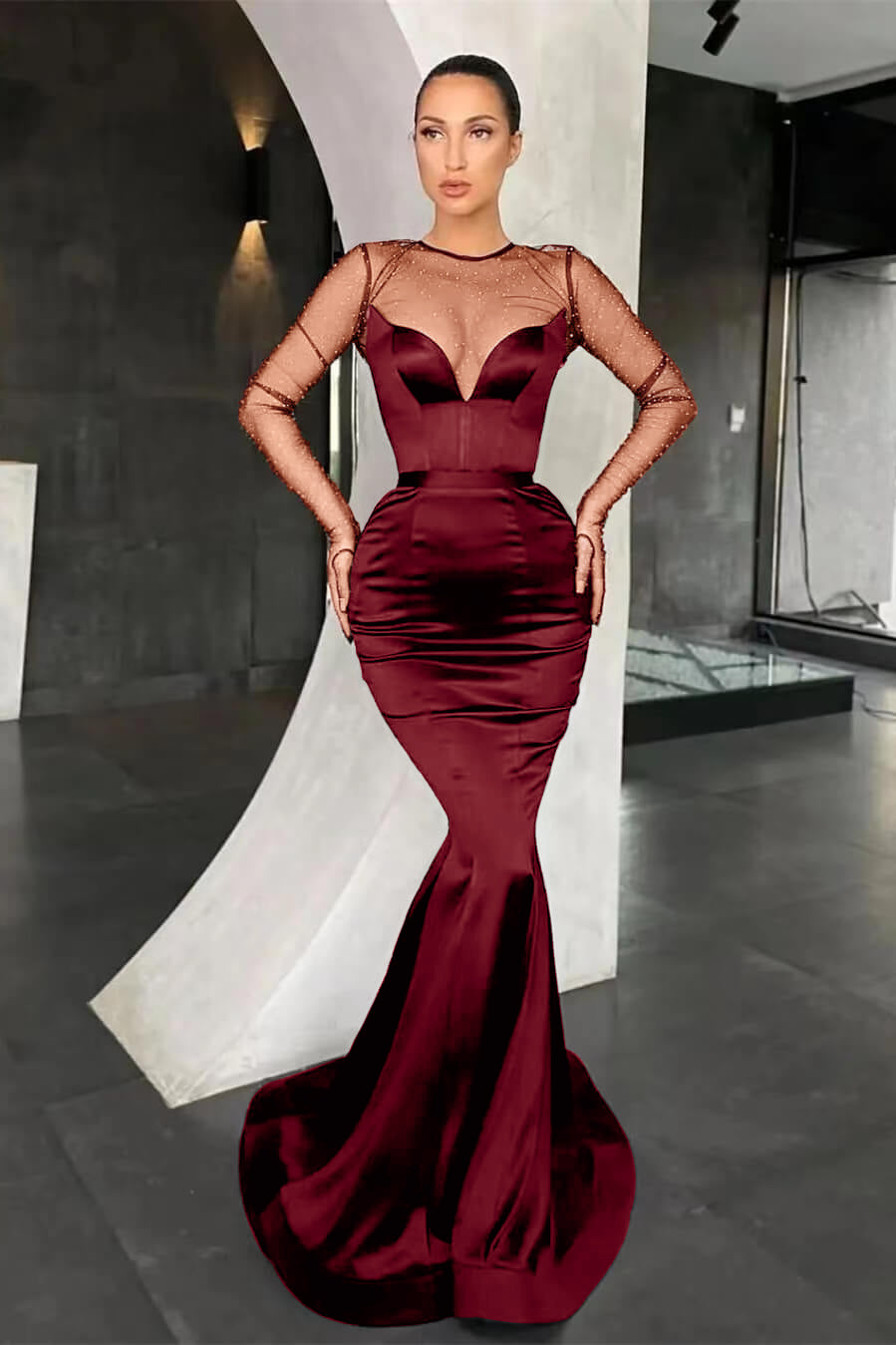Black Mermaid Long Sleeves Prom Dress With Beads Online V-Neck