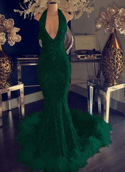 Mermaid Sequins Halter Prom Dress Open Back