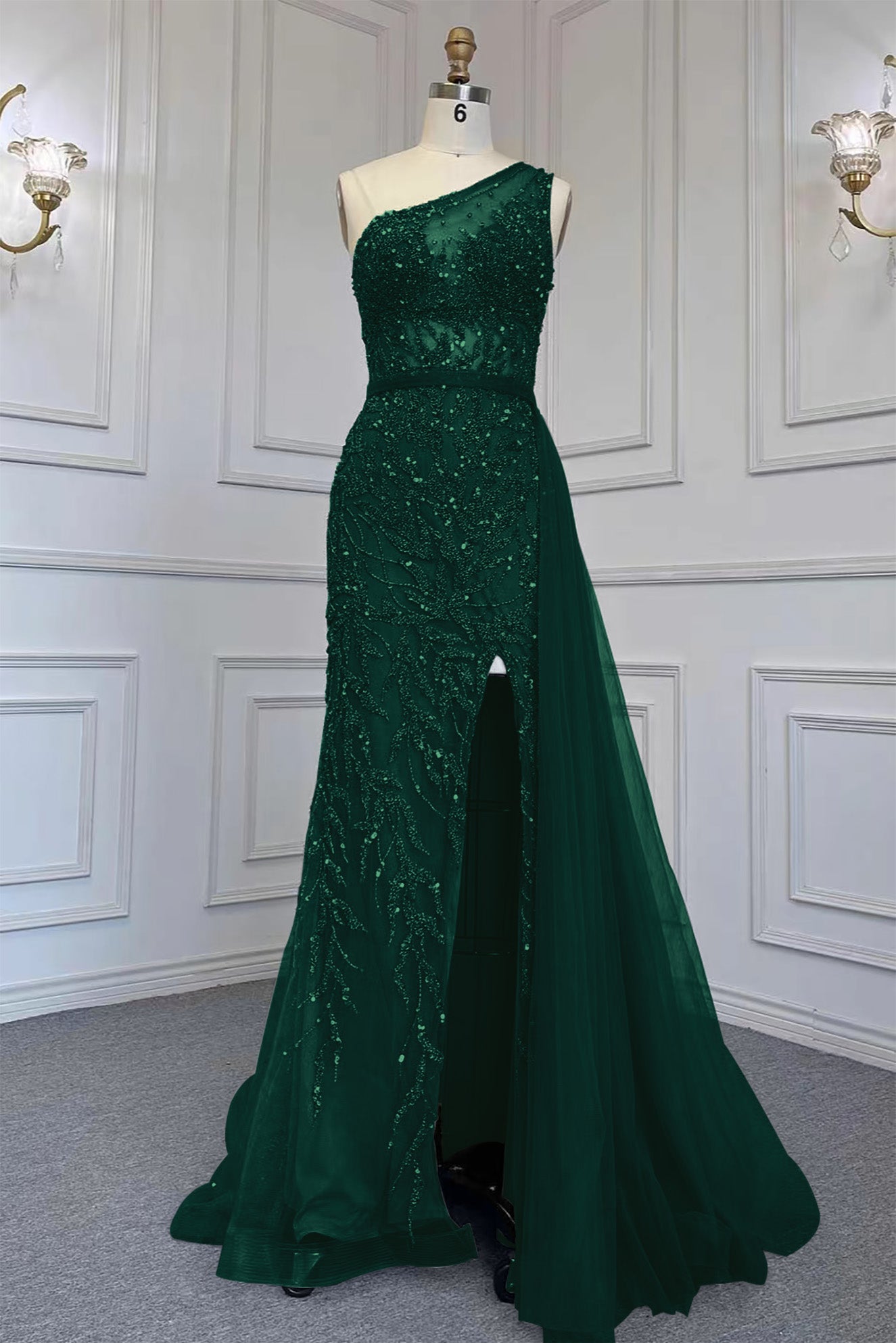 Gorgeous One Shoulder Beadings Tulle Evening Dress With Slit Rhinstone