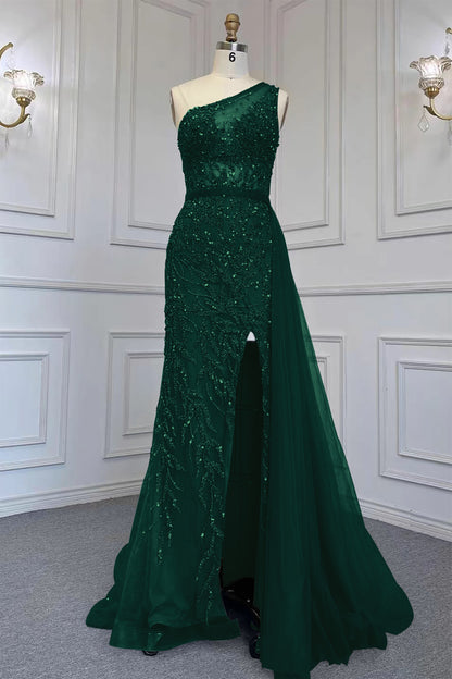 Gorgeous One Shoulder Beadings Tulle Evening Dress With Slit Rhinstone