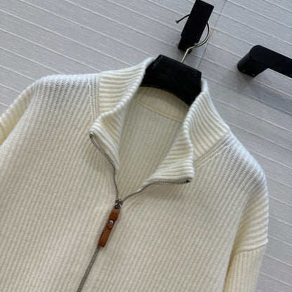 HM 25S Zipped Jacket H Leather Pockets in White Cashmere