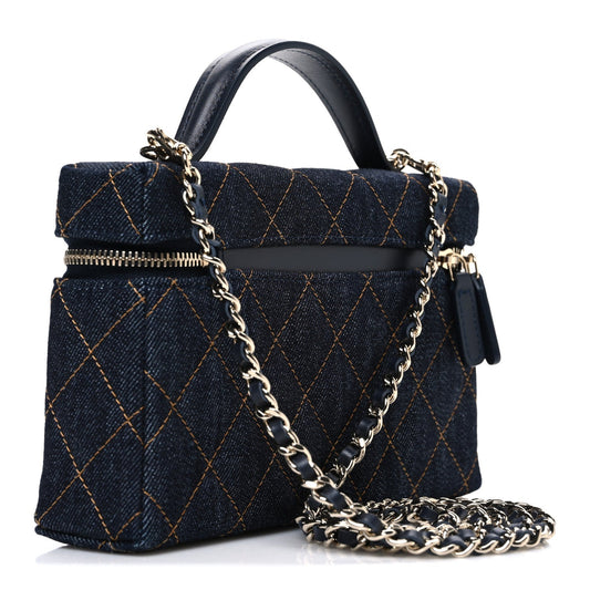 Denim Quilted Top Handle Slim Vanity Case With Chain Blue Orange