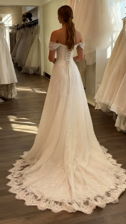 A Line White Off Shoulder Long Princess Wedding Dress    fg8132