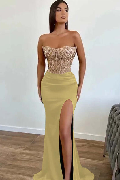 Green Applique Beadings Mermaid Prom Dress Slit With Strapless