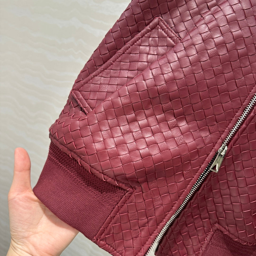 BV Double-Zip Baseball Jacket in Burgundy Lambskin