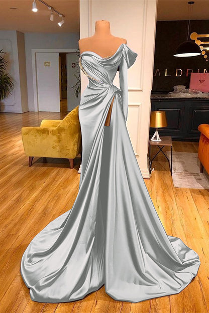 One-Shoulder Purple Long Sleeves Beadings Evening Dress Split Mermaid