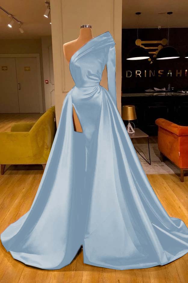 One Shoulder Slit Long Sleeves Prom Dress Overskirt