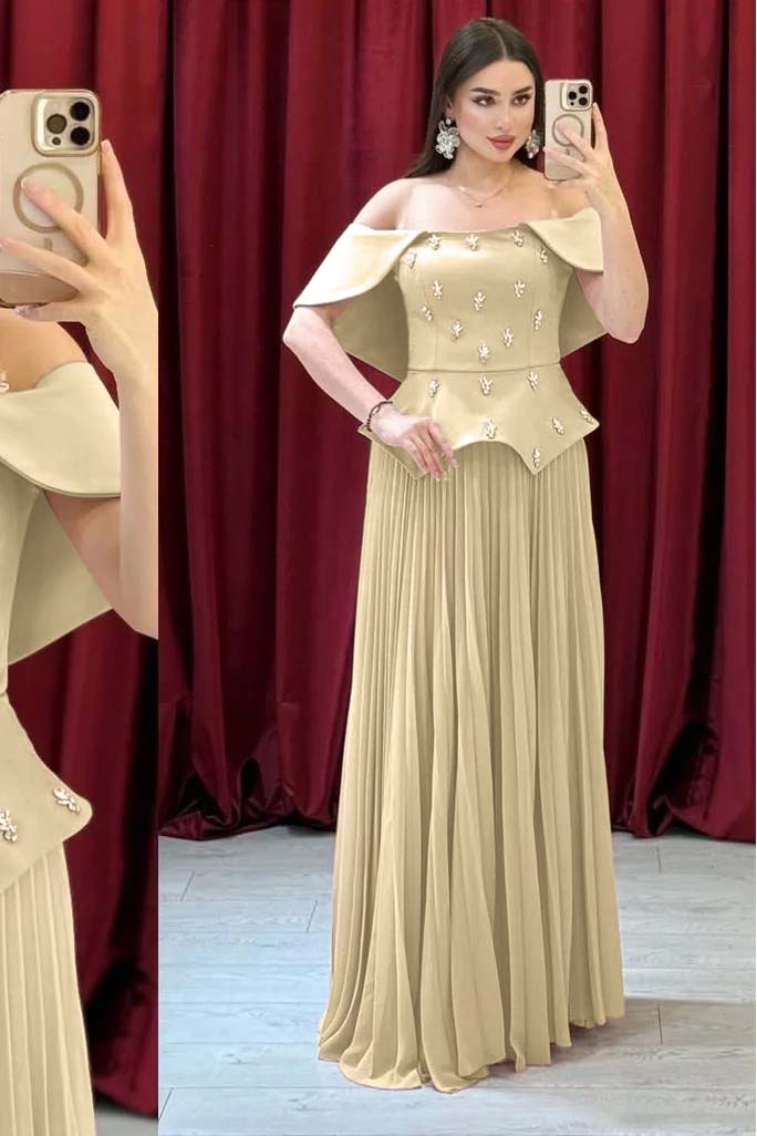 Chic Off The Shoulder Sleeveless Long Prom Dress With Beading