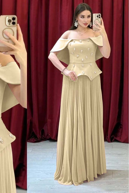 Chic Off The Shoulder Sleeveless Long Prom Dress With Beading