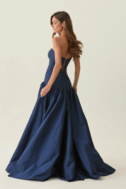 Elegant Dark Navy Sleeveless Strapless Long Evening Dress with Corset