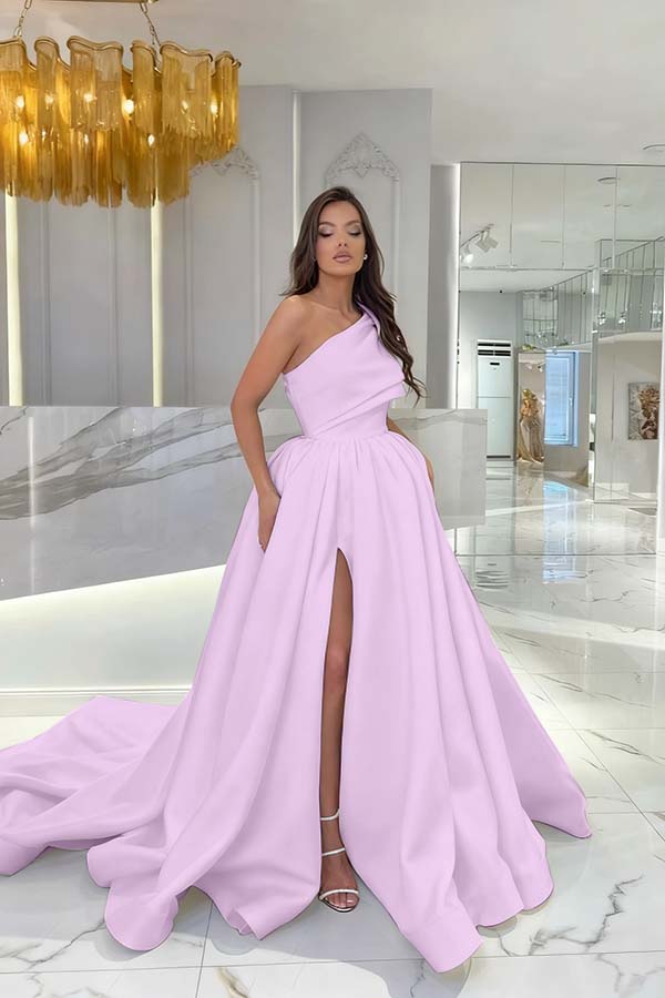 Black Satin Sleeveless One Shoulder Strap Long Prom Dress With Slit