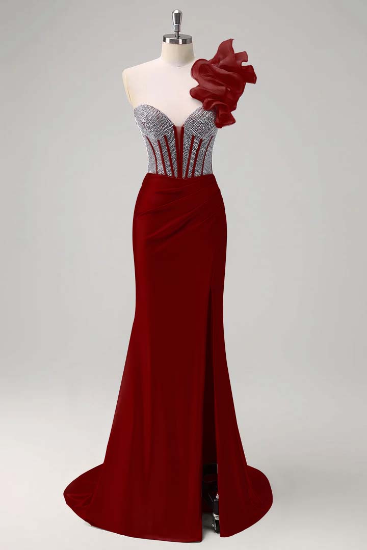 Strapless Handmade Flower Backless Mermaid Slit Prom Dress With Beading