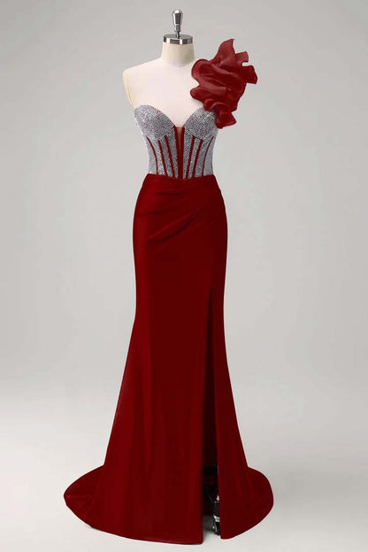 Strapless Handmade Flower Backless Mermaid Slit Prom Dress With Beading