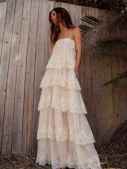 Elegant Cream Spaghetti-Straps Sleeveless Lace Pleated Evening Dress