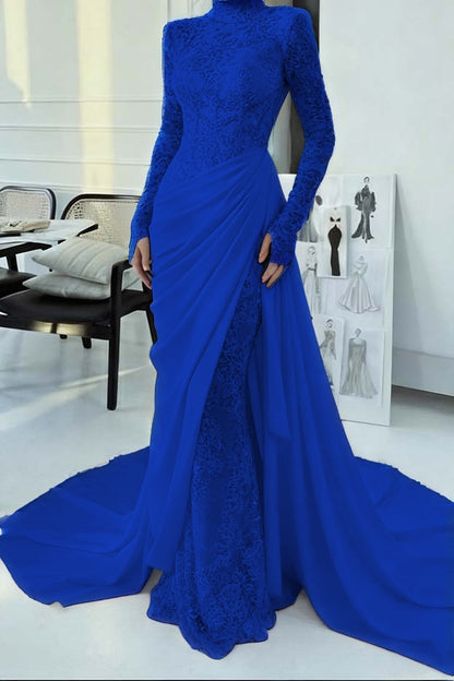Glamorous Lace Burgundy High Neck Long Sleeves Evening Dress With Appliques