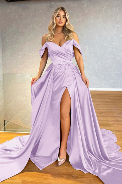 Blue Off-the-Shoulder Split Prom Dress Overskirt With Beadings