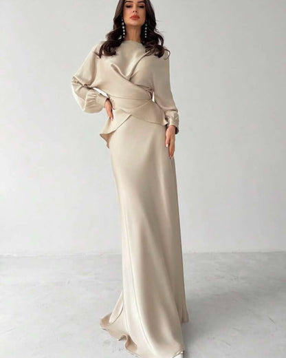 Glamorous Champagne Satin Long Sleeves Jewel Neck Slim Prom Dress