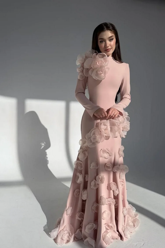 Elegant Long Sleeves Long Evening Dress With Handmade Flower