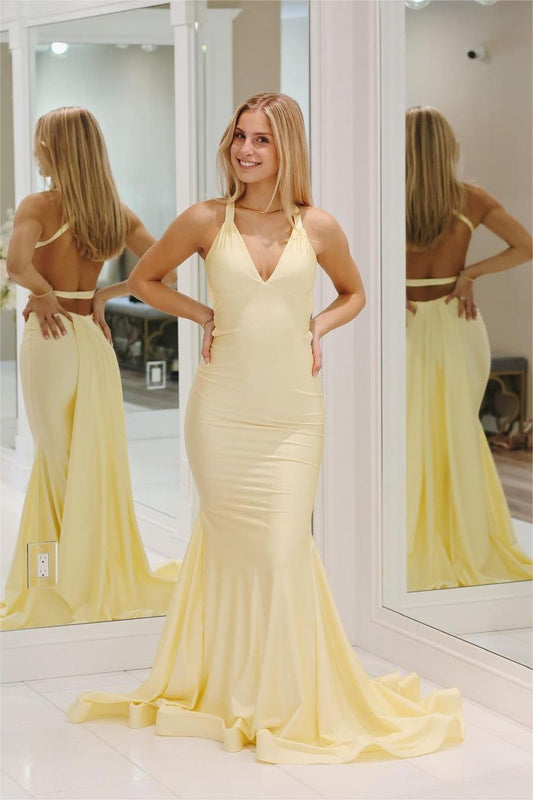 Exquisite Halter V Neck Backless Sleeveless Mermaid Pleated Long Evening Dress