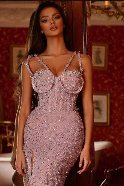 Pink Purple Beadings Gorgeous Prom Dress Split Mermaid Long With V Neck