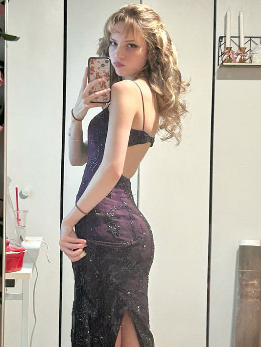 Retro Exquisite Sheath Spaghetti Strap Beaded Purple Satin Long Party Dress Evening Dress Date Dress SH3462