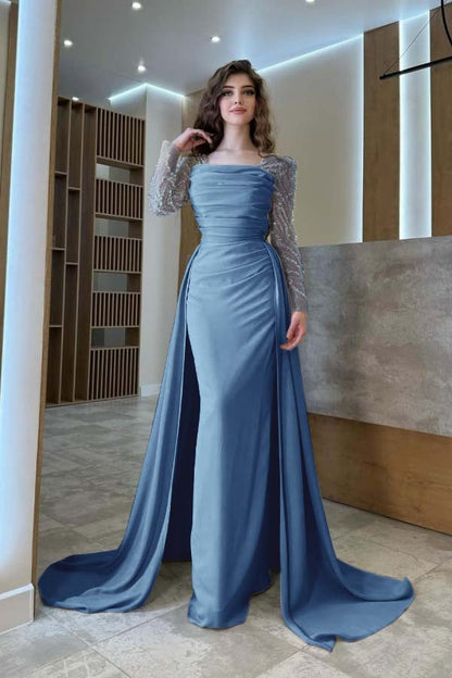 Gentle Beaded Long Sleeves Prom Dress With Detachable Trail