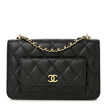 Caviar Quilted Pocket Clutch With Chain WOC Black