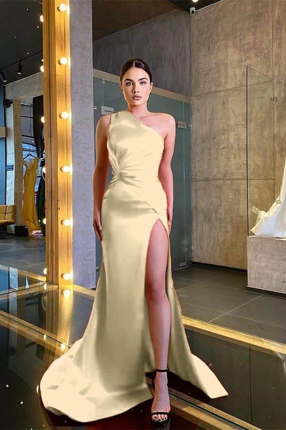 One Shoulder Sleeveless Mermaid Prom Dress Red With Slit