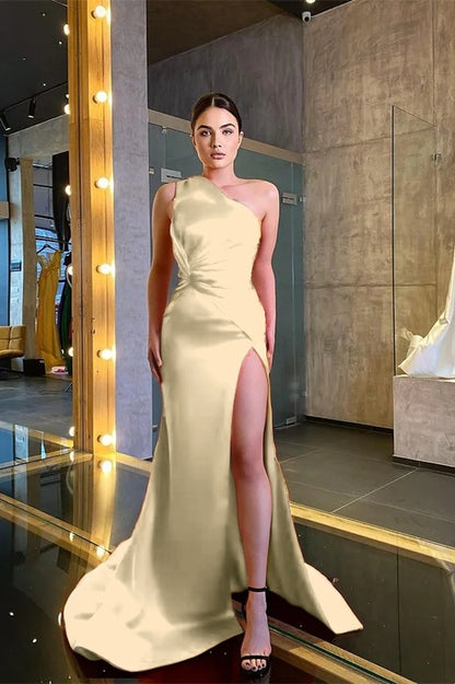 One Shoulder Sleeveless Mermaid Prom Dress Red With Slit