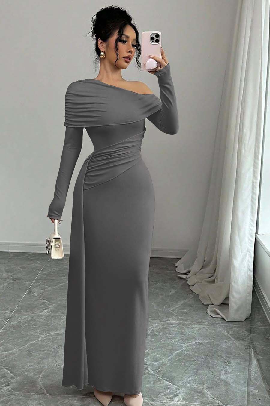 Long Sleeves One-Shoulder Pleated Mermaid Prom Dress