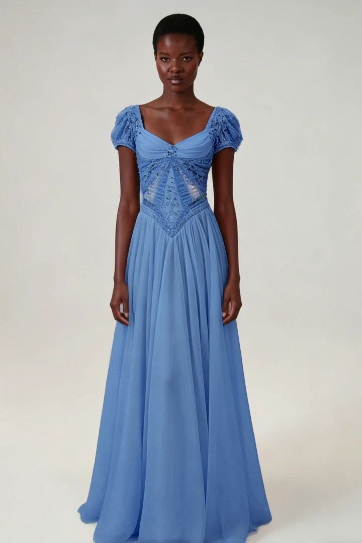 Stunning Blushing Pink Chiffon Sleeveless Long Evening Dress With Sequins